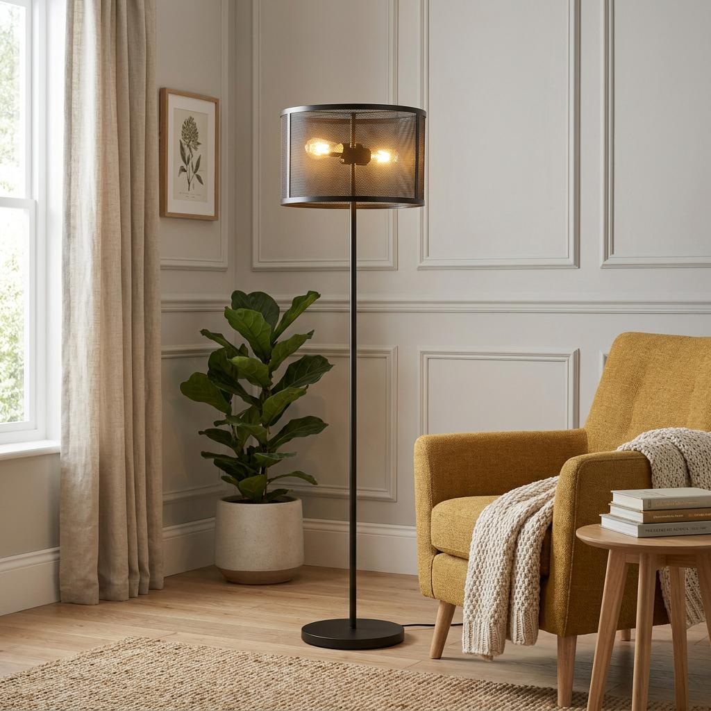 A black floor lamp with a mesh drum shade standing next to a yellow armchair in a cozy, modern living room.