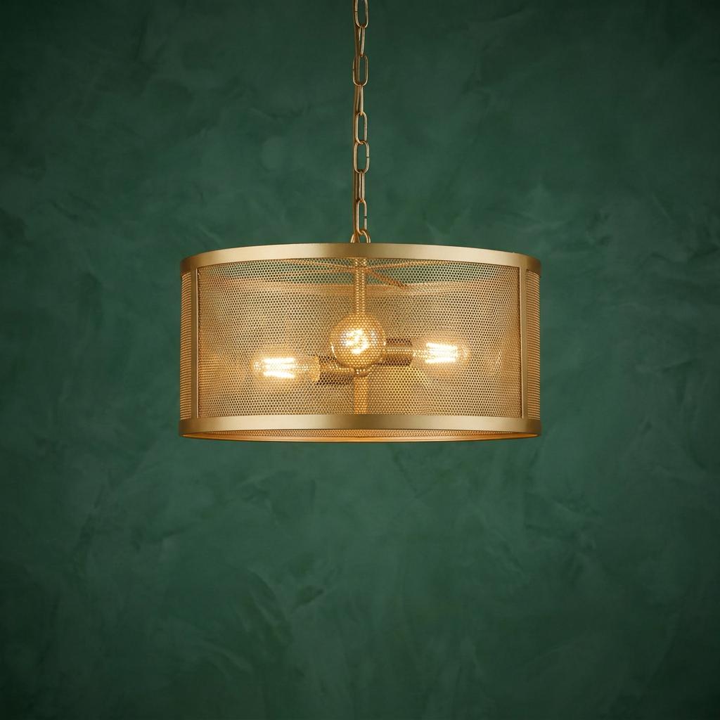 A three-light gold drum pendant with a fishnet mesh shade hangs against a dark green textured wall.