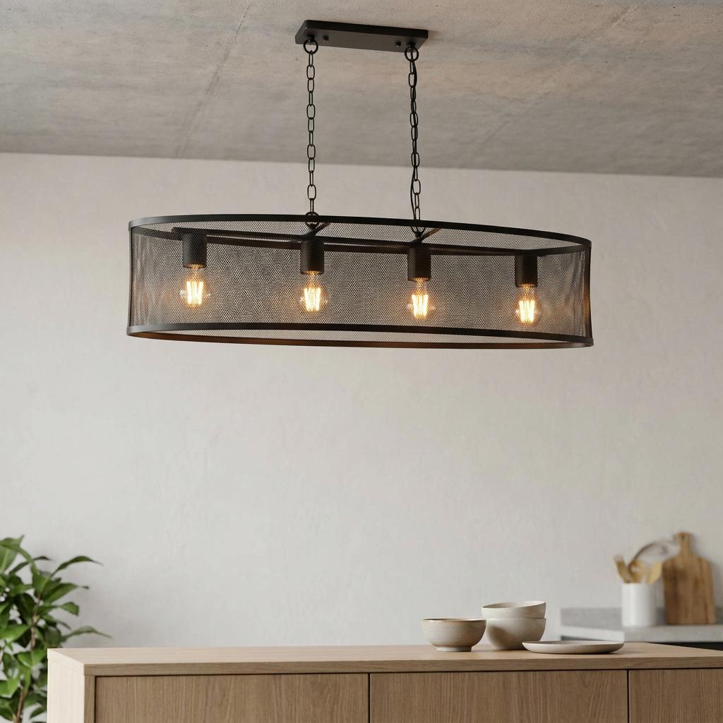 Black fishnet oval 4-light pendant with glowing bulbs hanging above a wooden kitchen island.