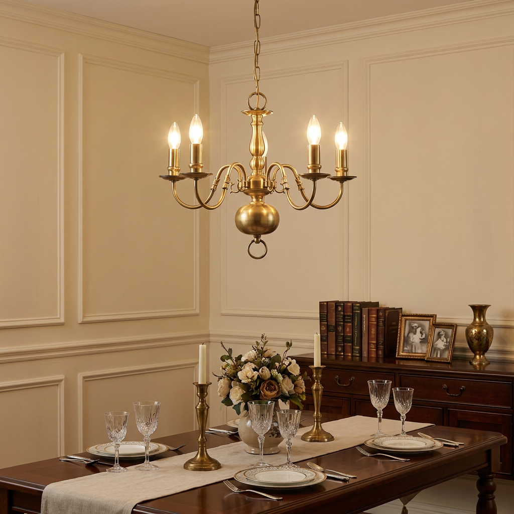 Flemish-style 5-light solid brass chandelier hanging over an elegant dining table set for dinner.