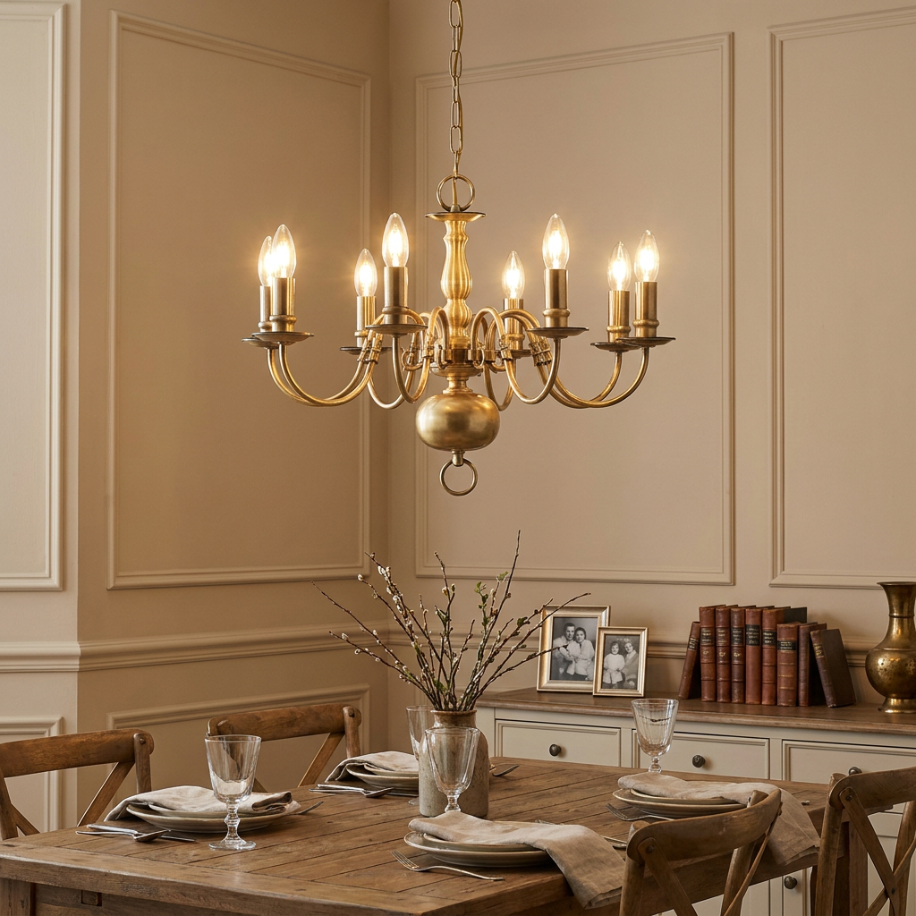 Solid brass 8-light Flemish chandelier hanging over a wooden dining table in a classic paneled room.