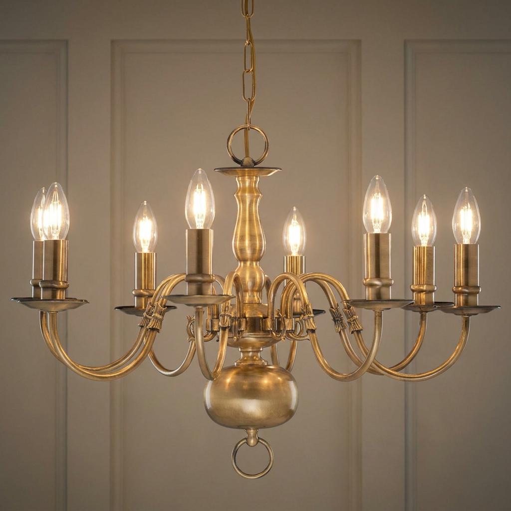 Eight-arm Flemish style solid brass chandelier with lit candle bulbs against a neutral wall.