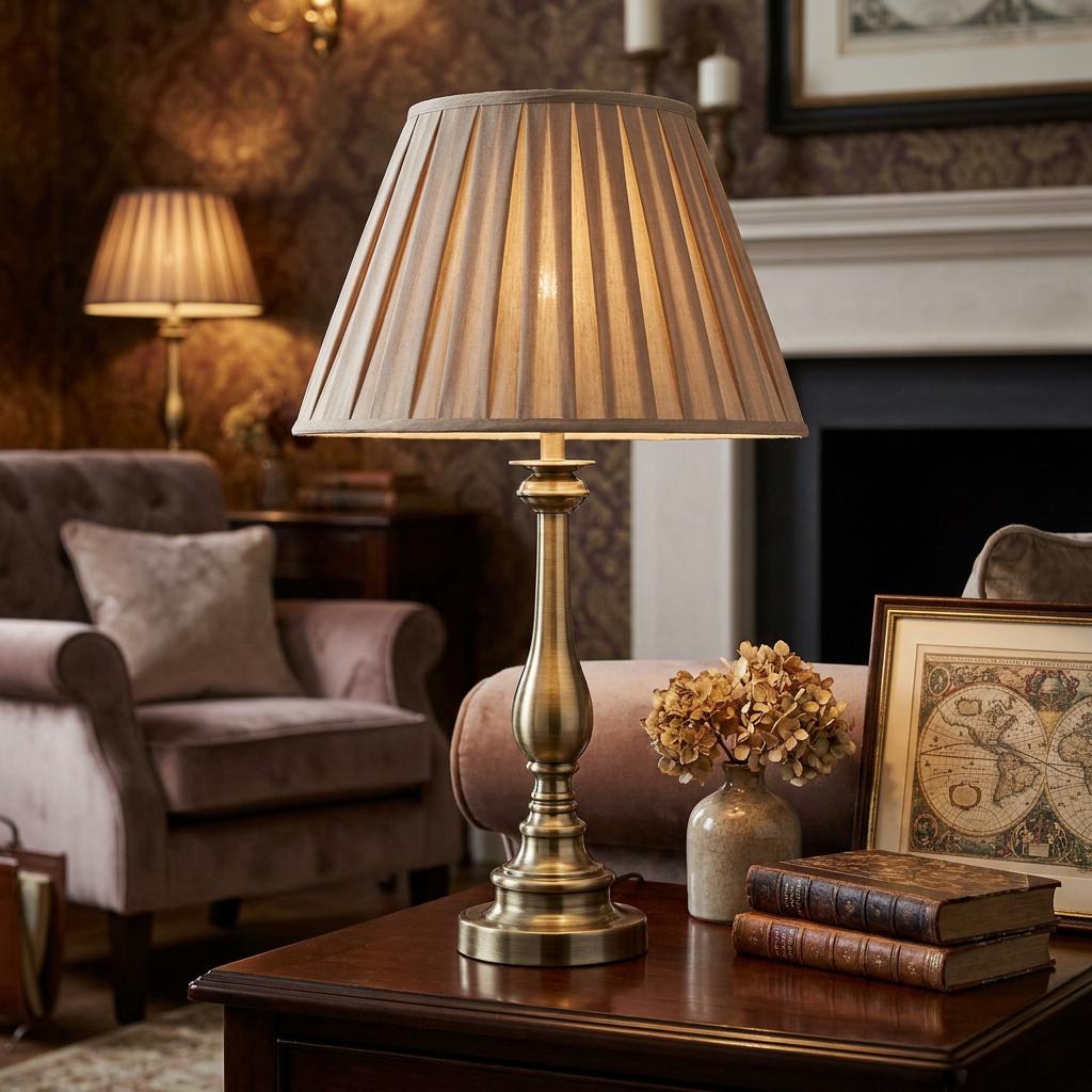 Searchlight Flemish Brass Table Lamp - Mink Pleated Shade-warehouse-180926