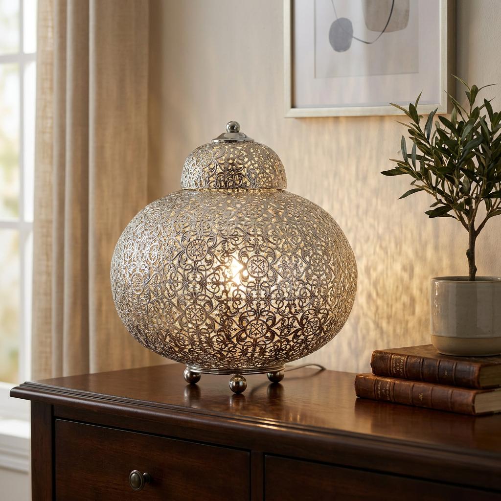 Intricate nickel fretwork Moroccan-style table lamp lit on a dark wood sideboard next to a potted olive plant.