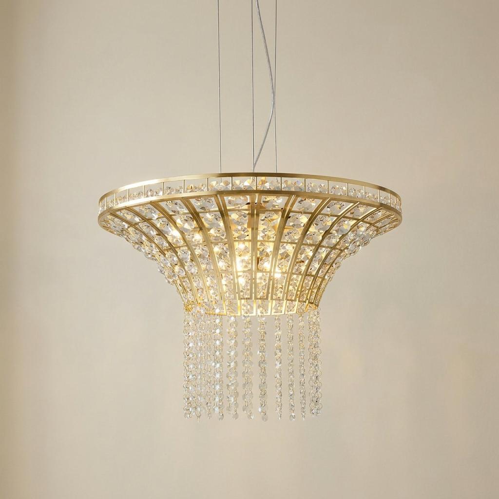 Searchlight Gemma 8 light round brass and crystal pendant with flared frame and hanging crystal strands.
