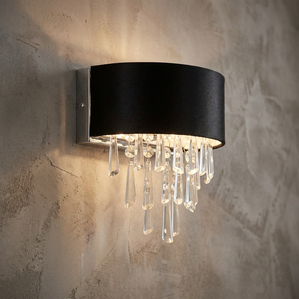 Glamour 2 light wall light with a black velvet semi-drum shade and cascading clear crystal droplets.