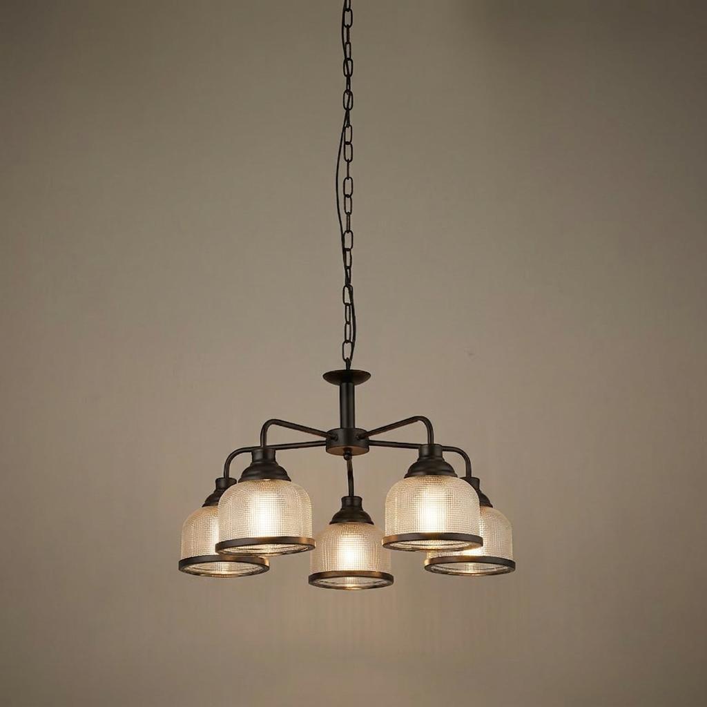 Searchlight Highworth 5 Light Black Pendant - Holophane Style Glass Shade-warehouse-180926