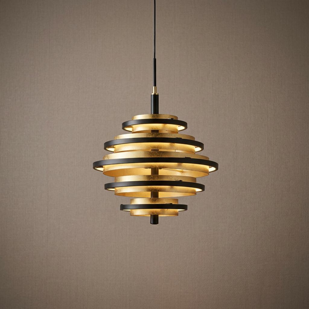 Modern tiered LED ceiling pendant with black and gold leaf concentric rings against a neutral wall.