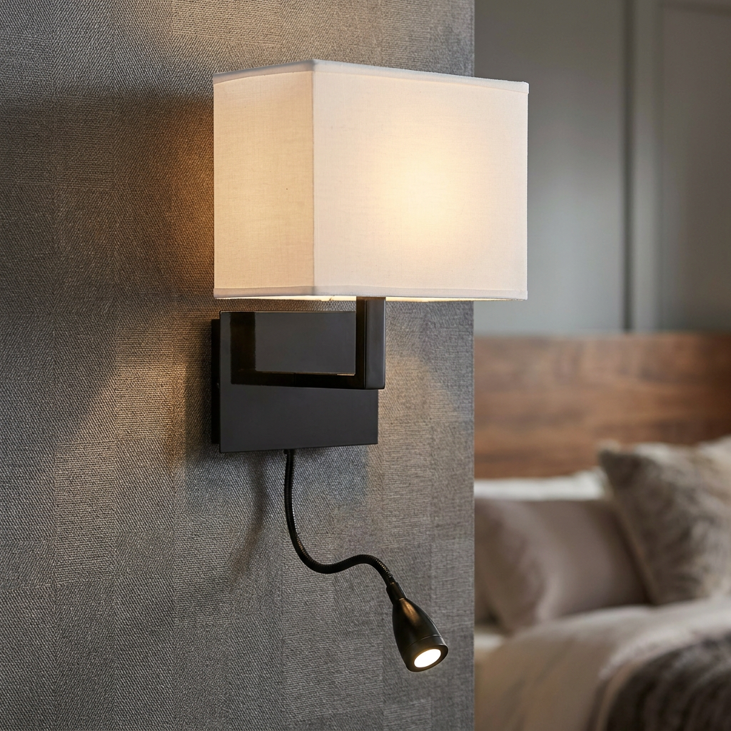 Black wall light with a white fabric shade and an adjustable reading light mounted on a textured bedroom wall.