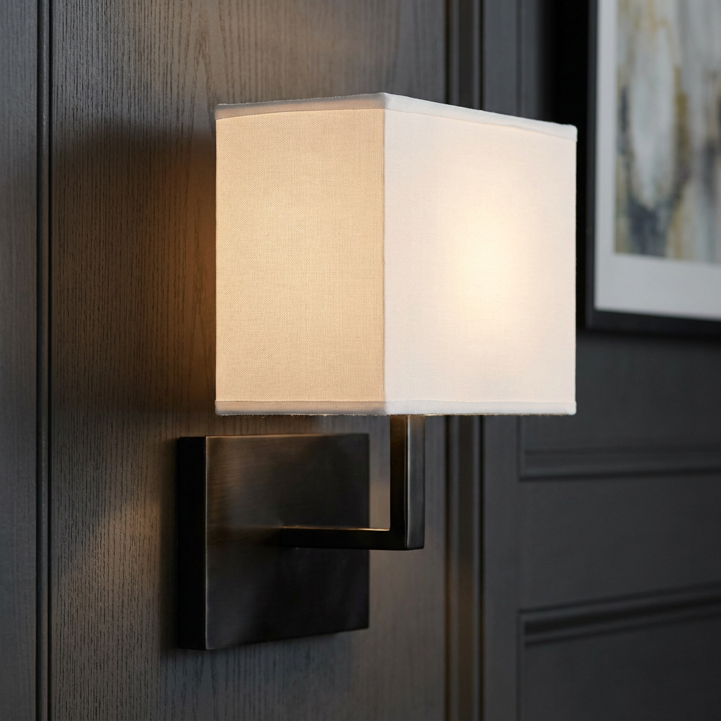 Modern black wall light with an illuminated rectangular white fabric shade, mounted on dark wood paneling.