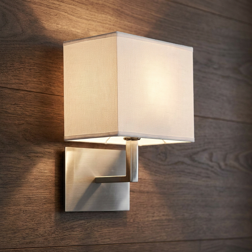 Modern silver wall light with a white fabric shade casting warm light on a wooden paneled wall.