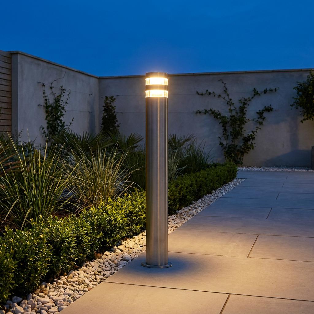Stainless steel bollard light illuminating a paved garden path with surrounding greenery at dusk.