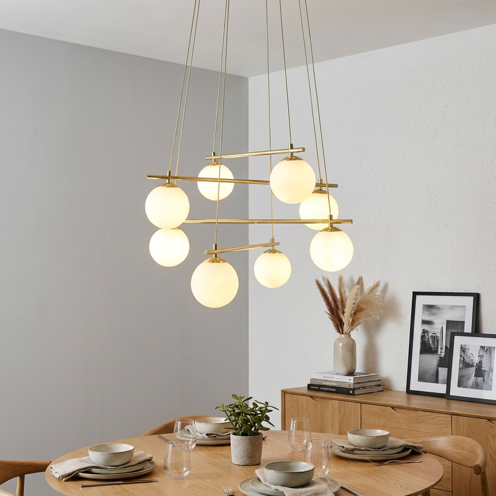 Gold chandelier with opal glass globe shades hanging over a wooden dining table in a minimalist dining room.