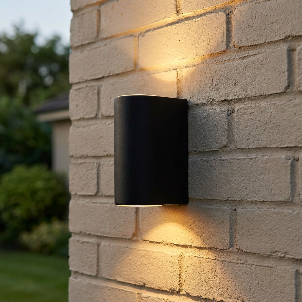 Sleek black up and down wall light casting a warm glow on a light brick exterior wall.