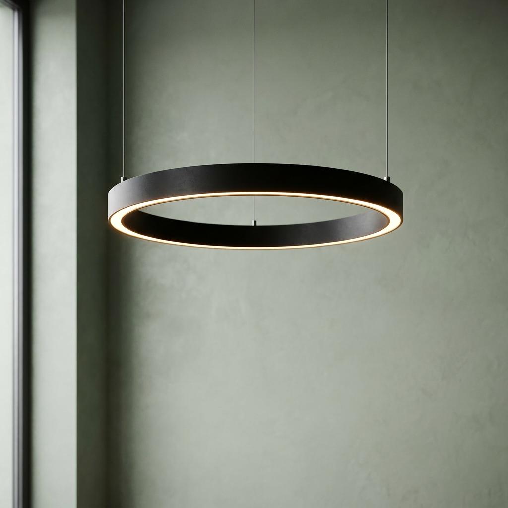 A black round LED pendant light with a glowing inner ring, suspended against a textured sage green wall.
