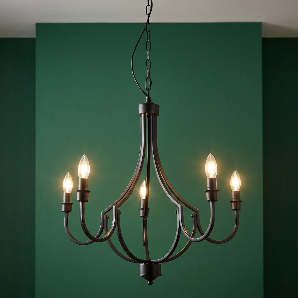 Searchlight Lodge 5 Light Black Pendant chandelier with glowing candelabra bulbs against a dark green wall.