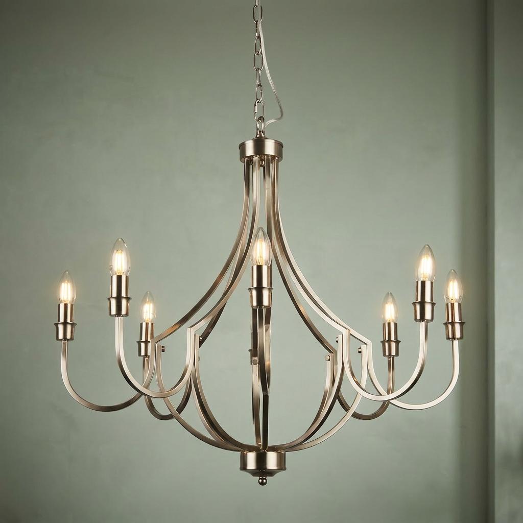 An eight-light silver pendant chandelier with elegant curved arms and candle-style bulbs against a sage green wall.