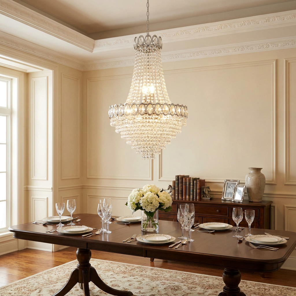 Elegant Searchlight Louis Philipe crystal chandelier illuminates a formal dining room with a large wooden table.