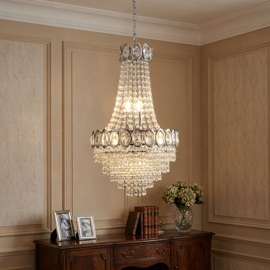 Elegant chrome and crystal tiered chandelier hanging in a formal room above a wooden sideboard.