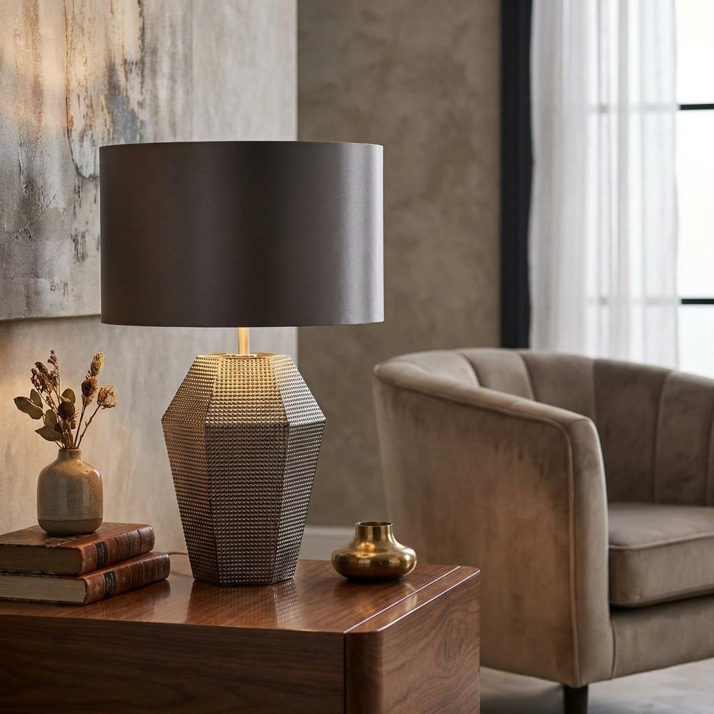 A textured geometric table lamp with a grey drum shade sits on a wooden side table in a cozy living room setting.