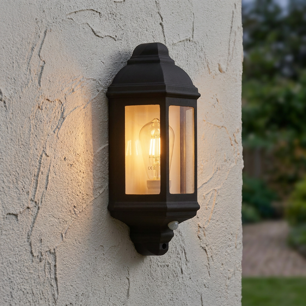 A black traditional wall lantern with a glowing bulb and PIR sensor fixed to a textured exterior wall.
