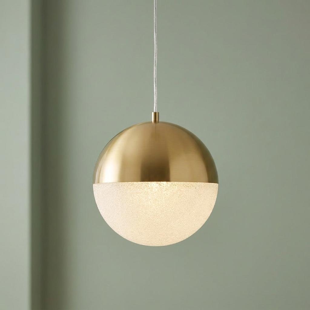 A spherical pendant light with a brass top and crushed ice glass bottom, illuminated against a sage green wall.