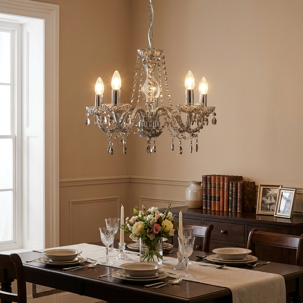 Searchlight Marie Therese grey glass chandelier with five lights and crystal droplets over an elegant dining table.