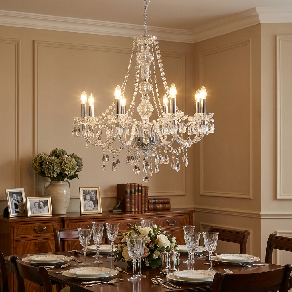 Searchlight Marie Therese 8 Light Clear Acrylic Chandelier illuminating a formal dining room setting.
