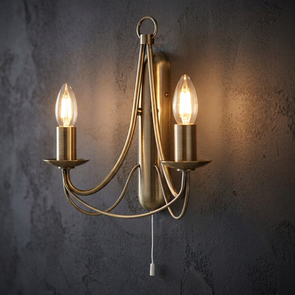 Lit two-light antique brass wall sconce with a pull cord, mounted on a dark textured plaster wall.