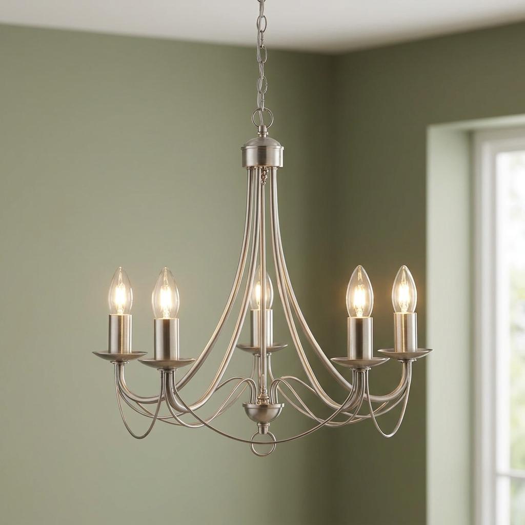 5-light satin silver chandelier with curved arms and candle bulbs against a sage green wall.
