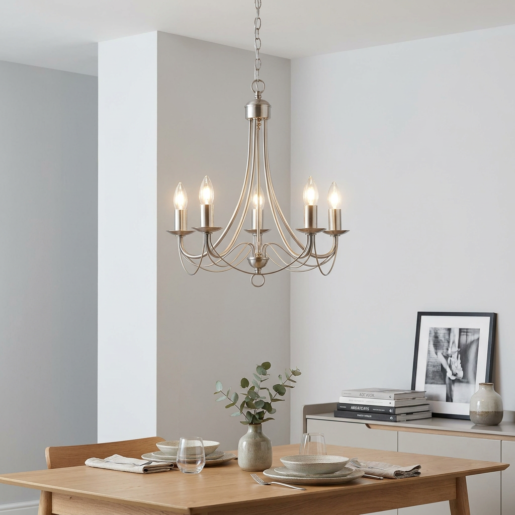Satin silver 5-light Maypole chandelier with candle bulbs suspended above a wooden dining table in a bright room.