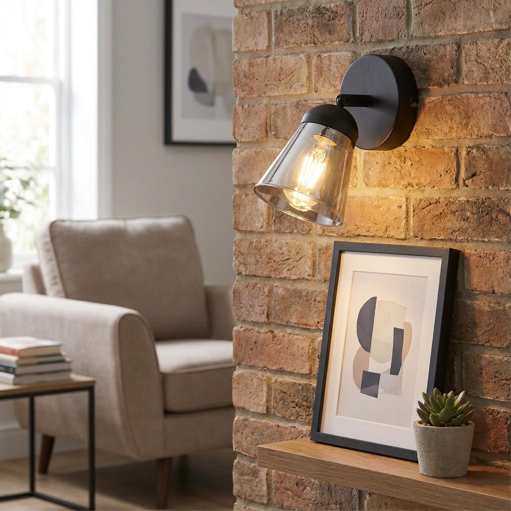 Black wall spotlight with a smoked glass conical shade mounted on a rustic brick wall above a wooden shelf.