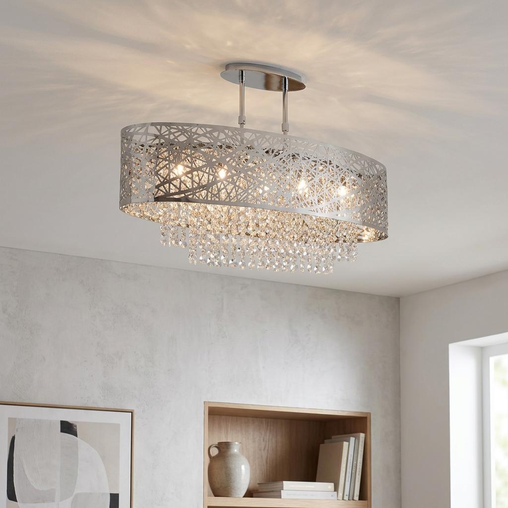 Searchlight Mica 5-light chrome semi-flush ceiling fixture with laser-cut pattern and draped crystal drops.