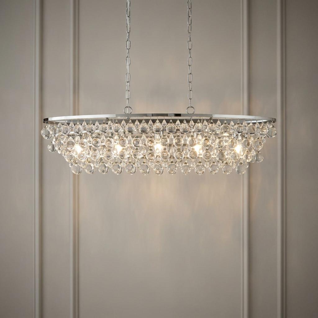 Chrome oval ceiling pendant with tiers of glass crystal drops hanging from a metallic frame, lit from within.