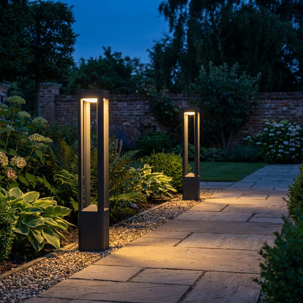 Two modern black bollard lights casting a warm glow on a stone garden path at dusk.