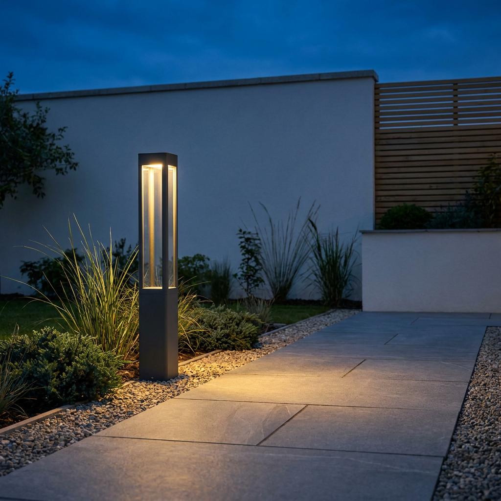 Searchlight Michigan Large Outdoor Bollard Light casting a warm glow on a paved garden path at dusk.