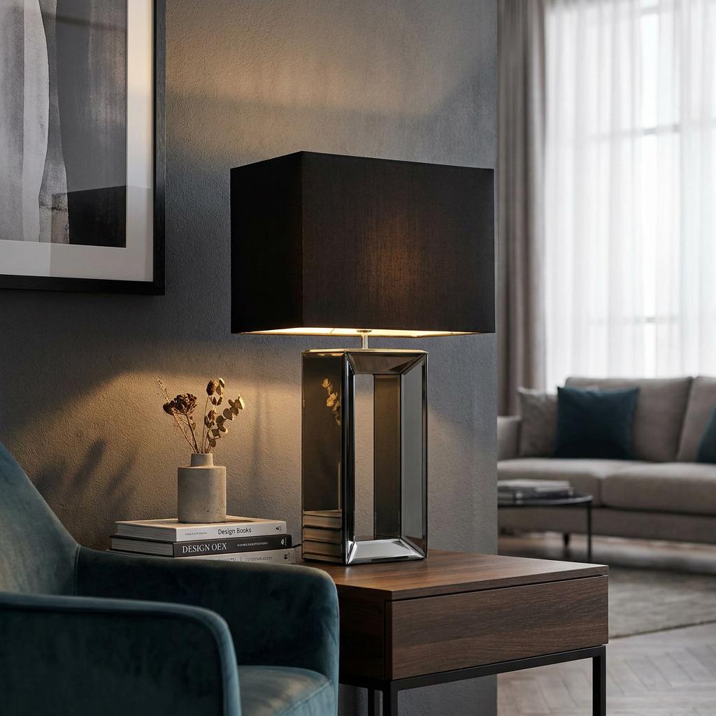 Searchlight Mirror Black Table Lamp with a black faux silk rectangular shade on a dark wood side table.