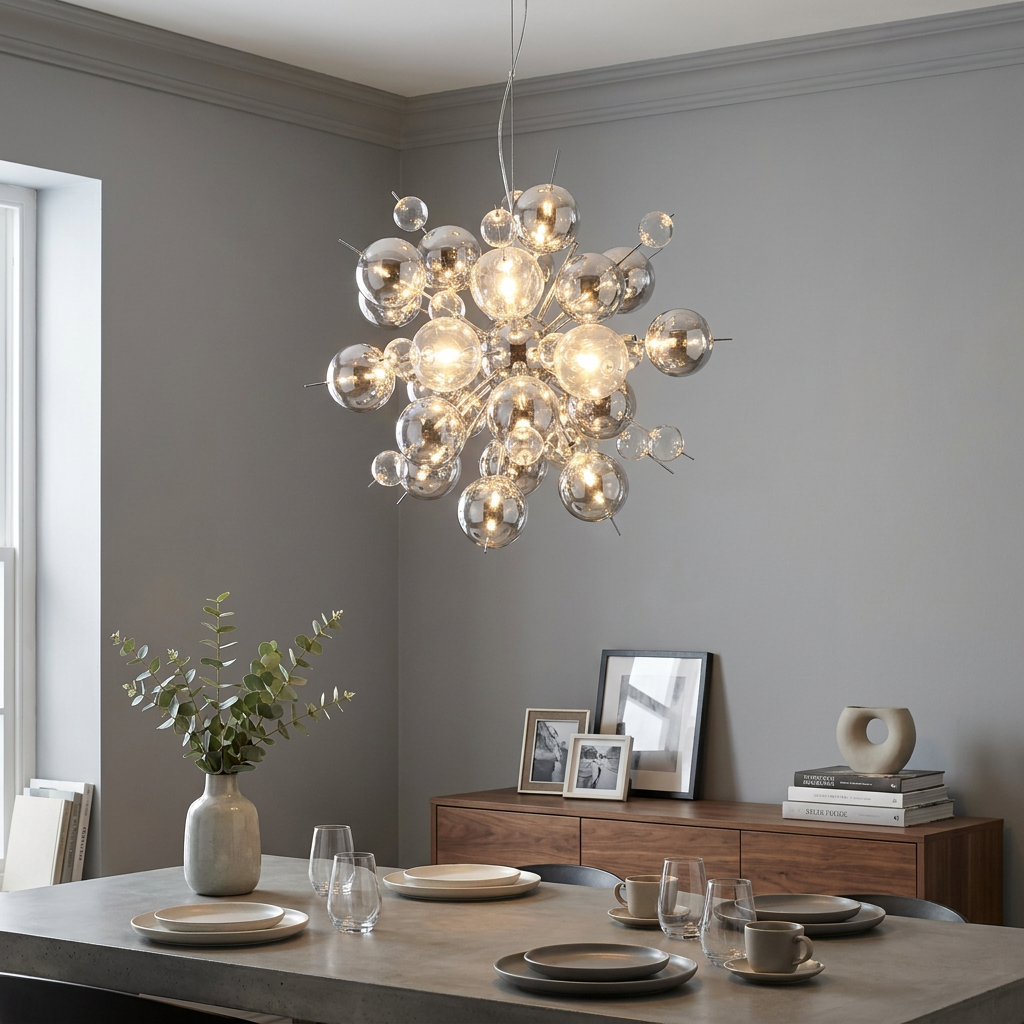 Modern molecule-style chandelier with smoky glass spheres hangs above a set dining table in a contemporary room.