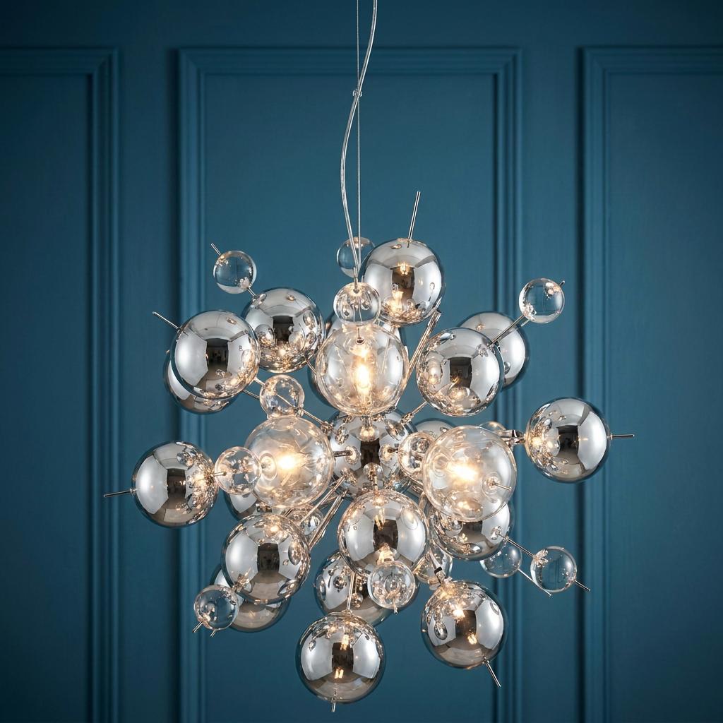 A molecular starburst pendant light with chrome and glass spheres against a blue paneled wall.