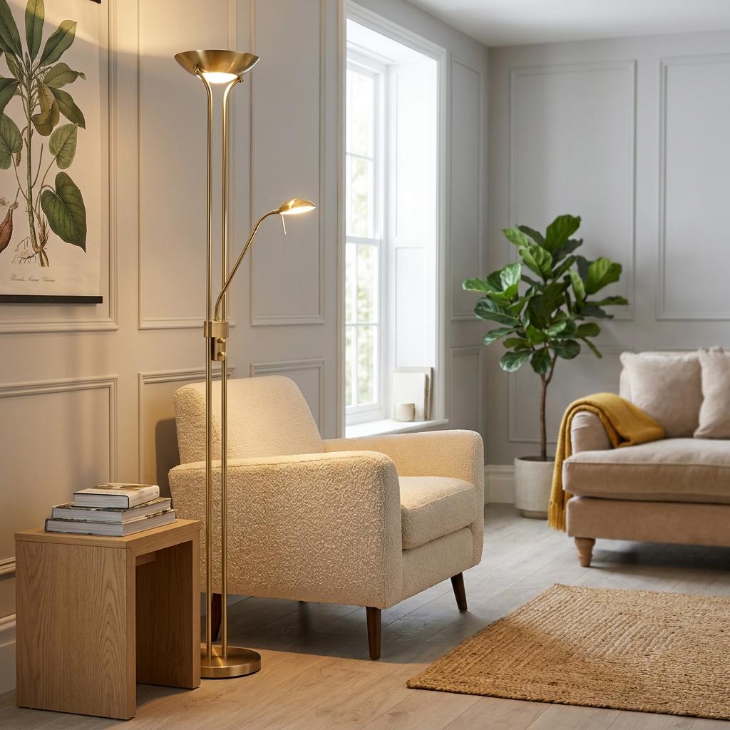 Searchlight Mother & Child brass floor lamp illuminating a cozy living room with a white bouclé armchair.