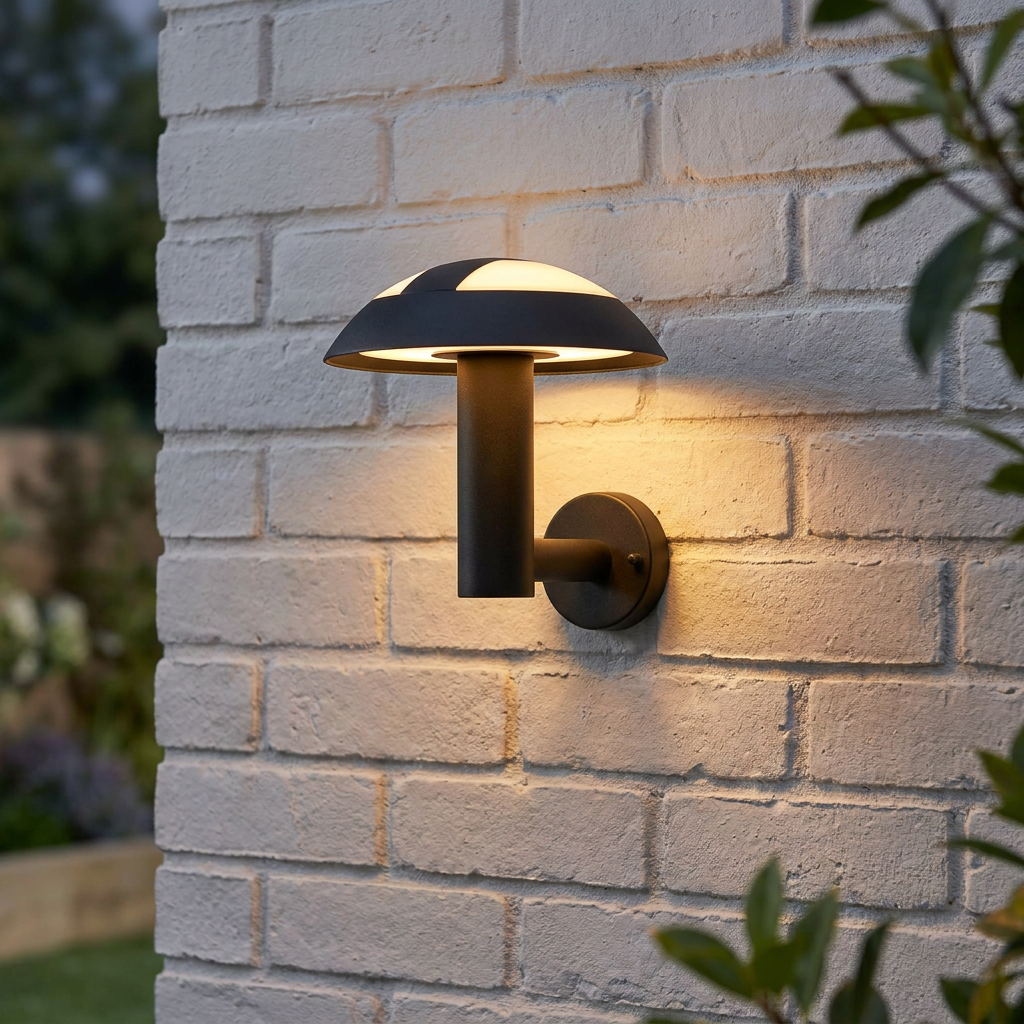 Mushroom-shaped grey LED outdoor wall light mounted on a white brick wall, casting a warm downward glow.