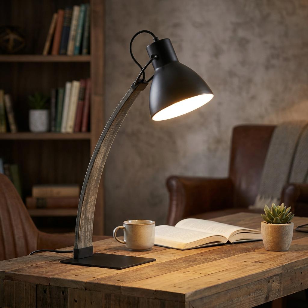 Modern table lamp with a curved wood stem and black metal shade, illuminating a desk with a book and mug.