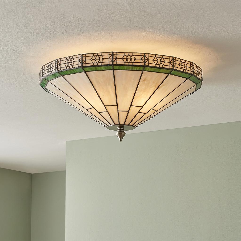 Searchlight New York Flush Tiffany Ceiling Light with white glass panels and a green border on a white ceiling.