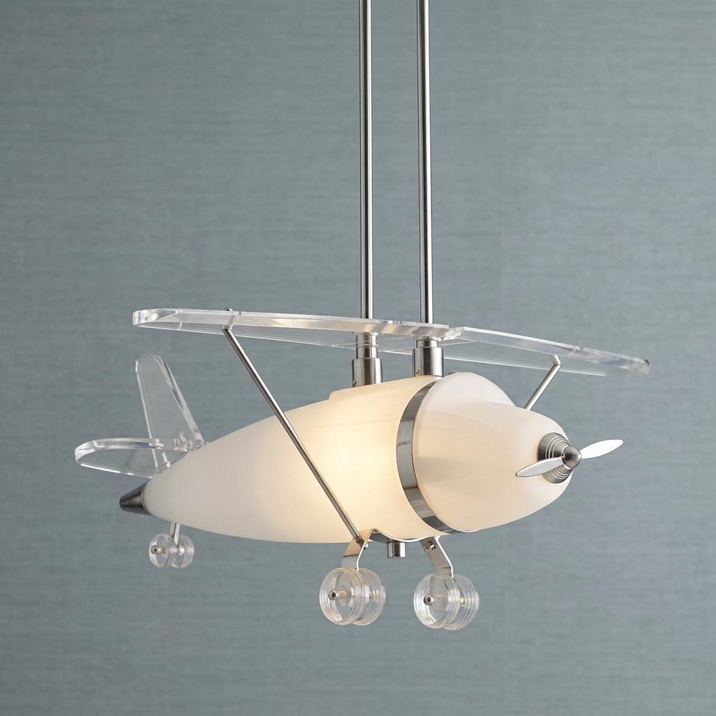 Novelty airplane pendant light with an illuminated frosted glass body, chrome propeller, and clear acrylic wings.