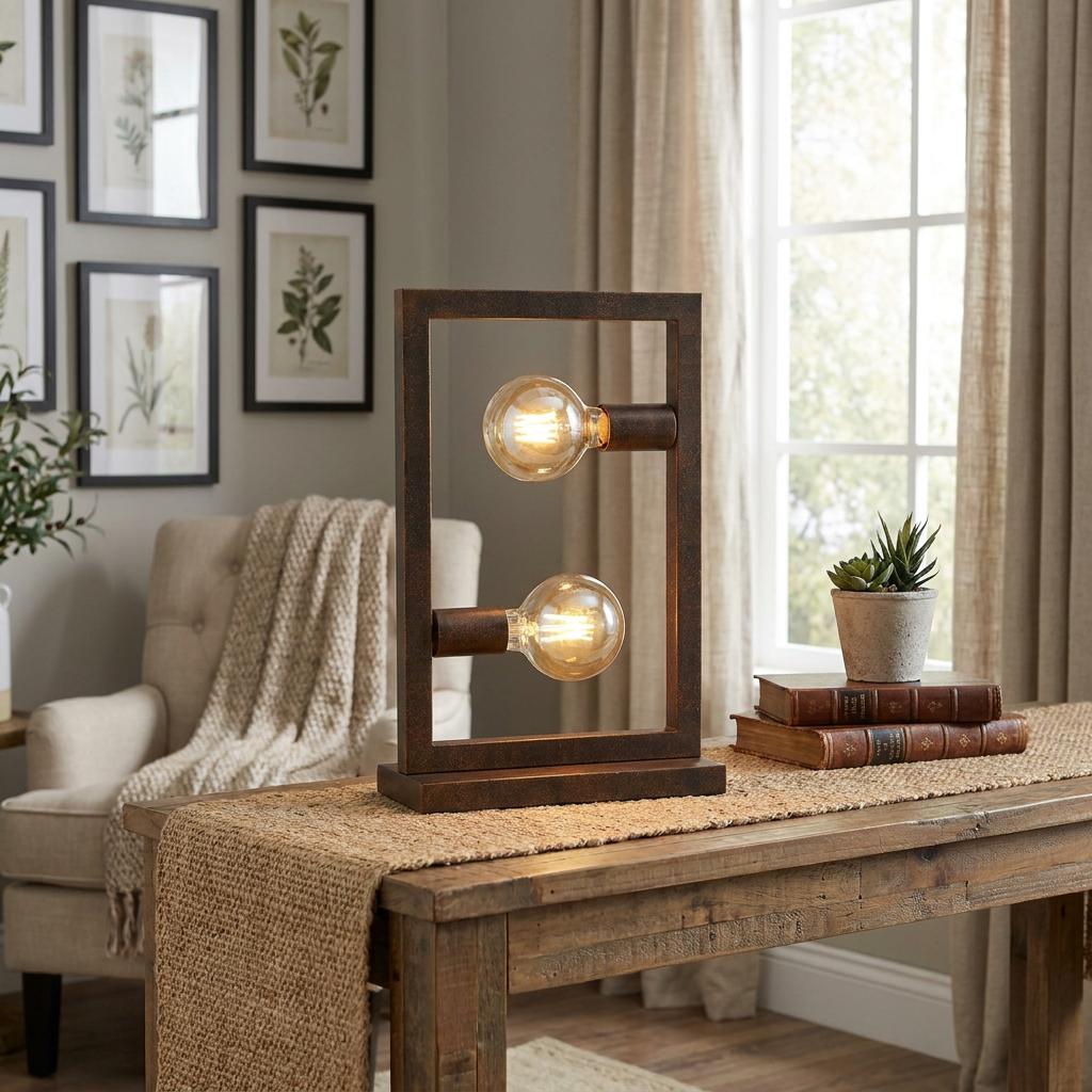 Searchlight Oblong rustic brown rectangular table lamp with two glowing bulbs on a wooden console table.