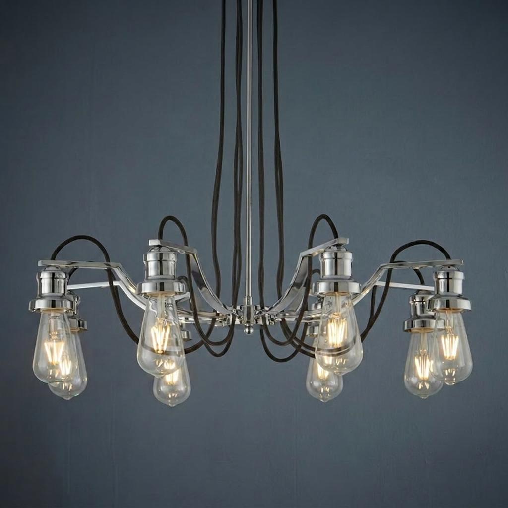 Searchlight Olivia 8 light chrome ceiling pendant with exposed Edison bulbs and black looping cables against a dark wall.