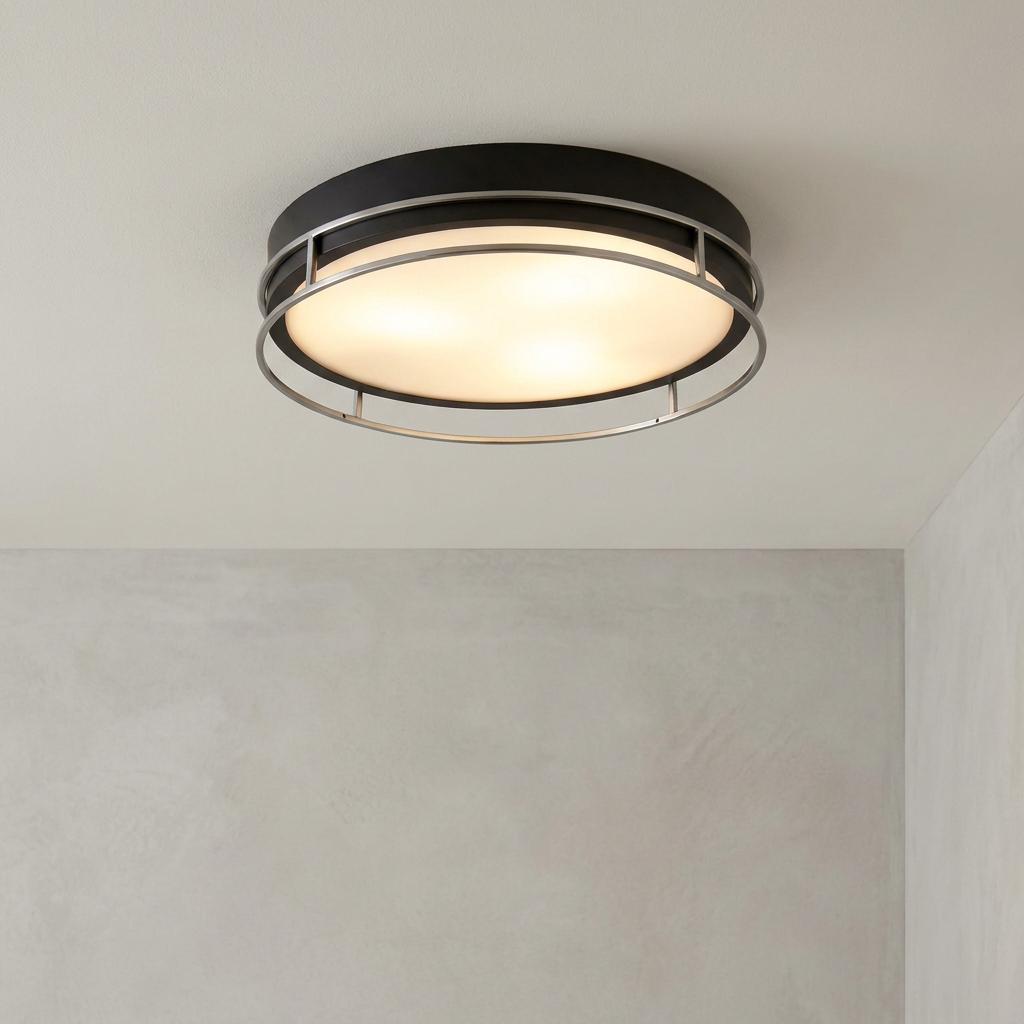Phoenix 3-light flush ceiling mount with a black base and chrome cage trim, shown illuminated.