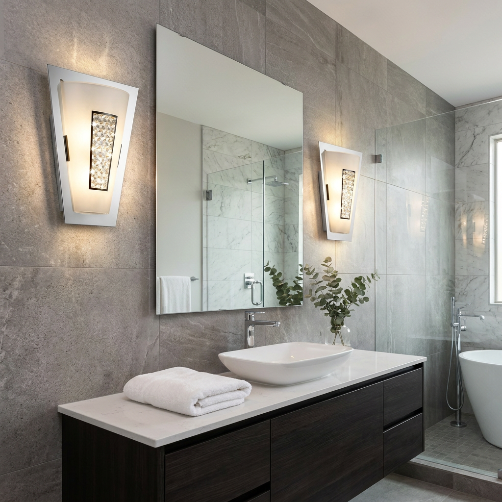 Searchlight Portland LED chrome wall lights with crystal details flanking a large mirror in a modern grey bathroom.