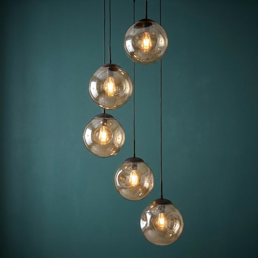 Five champagne glass globes hang at staggered heights with warm glowing bulbs against a dark teal wall.