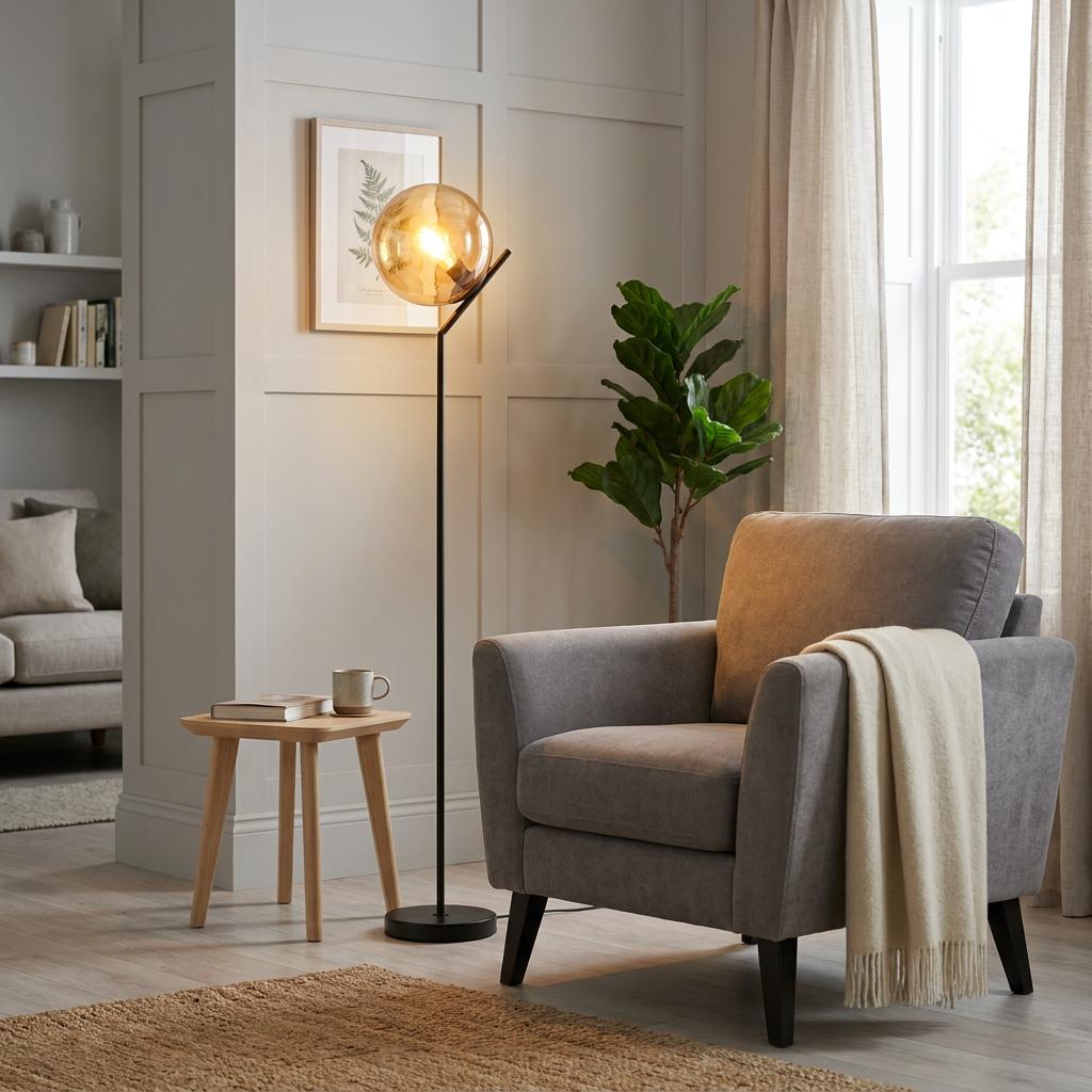 Searchlight Punch black floor lamp with a champagne glass globe shade in a modern living room setting.